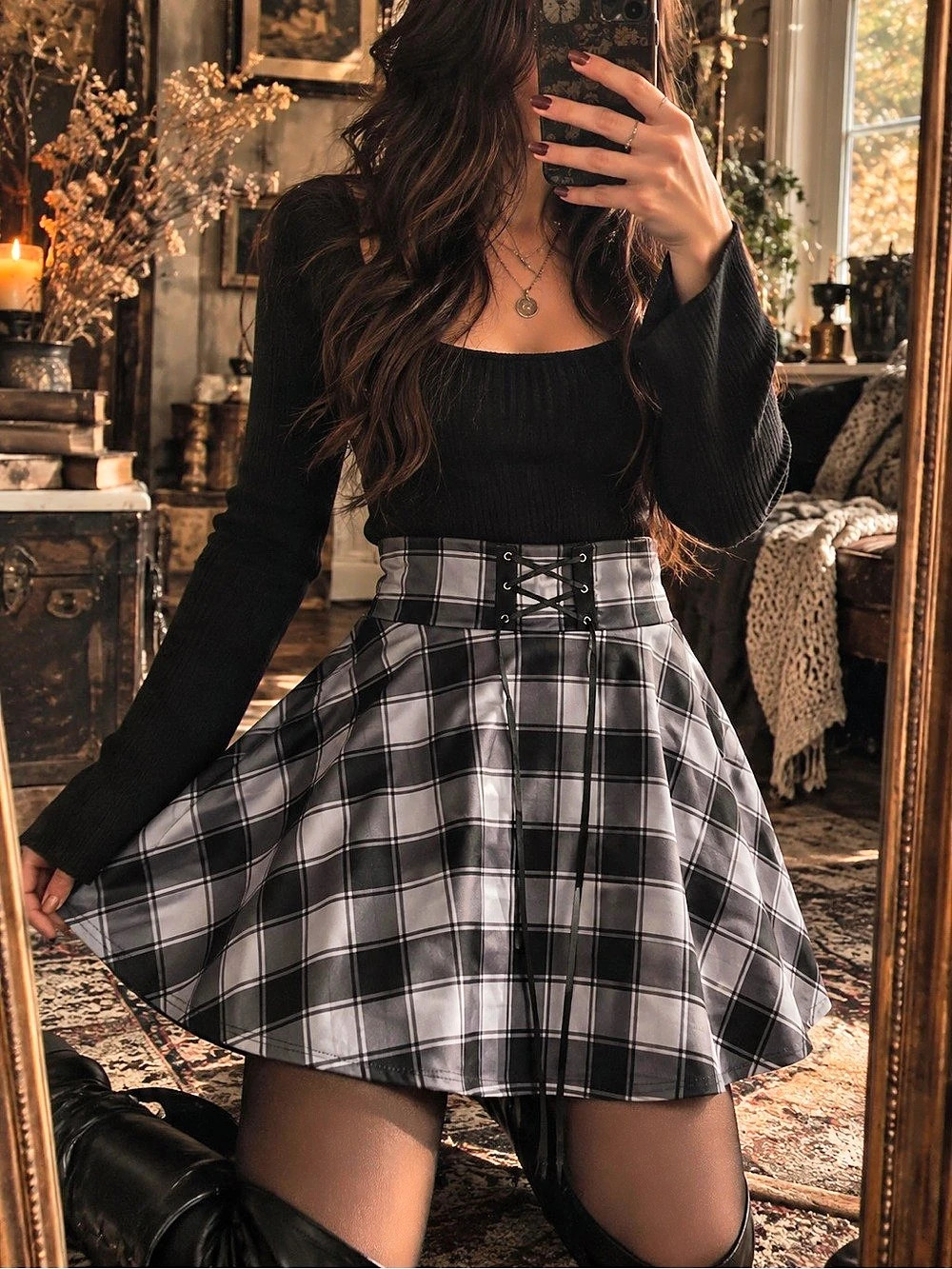 Plaid Lace-Up Corset 🖤 Skater Mini Skirt | Grunge Goth Y2K | Side Zip | S/M